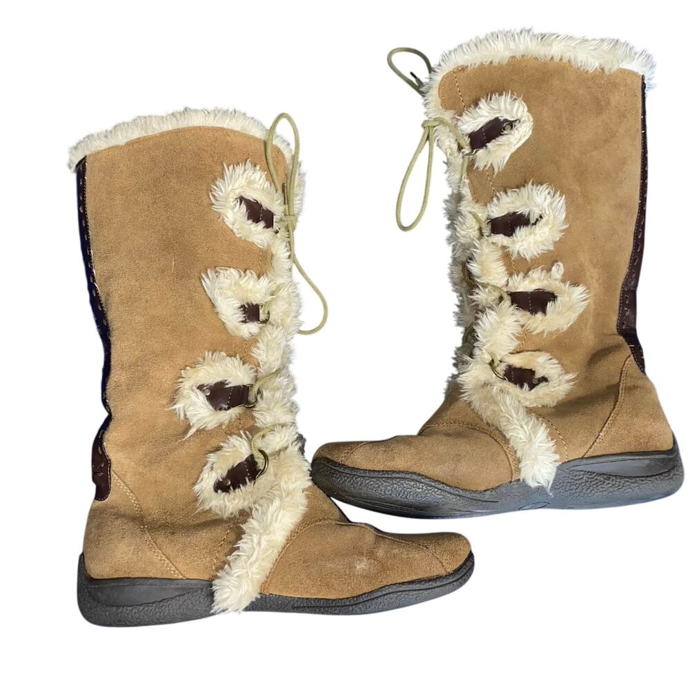 Ruff Hewn Tan Suede Faux‎ Fur Winter Boots Womans 9.5 Lace Up Y2k Retro Snow Ski
